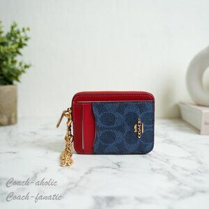 NWT Coach CW883 Zip Card Case In Signature Canvas Denim/Bold Red